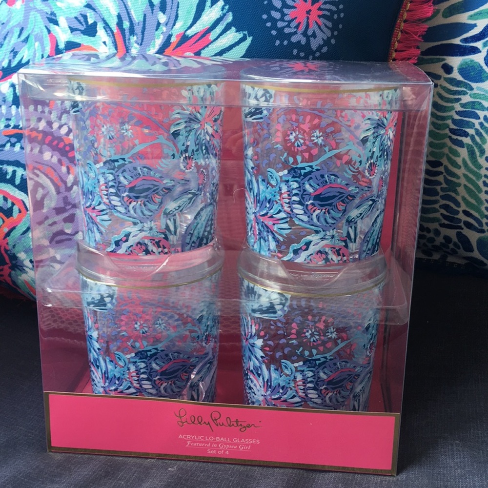 Lilly Pulitzer NIB 4 Lo-Ball glasses Gypsies Girl